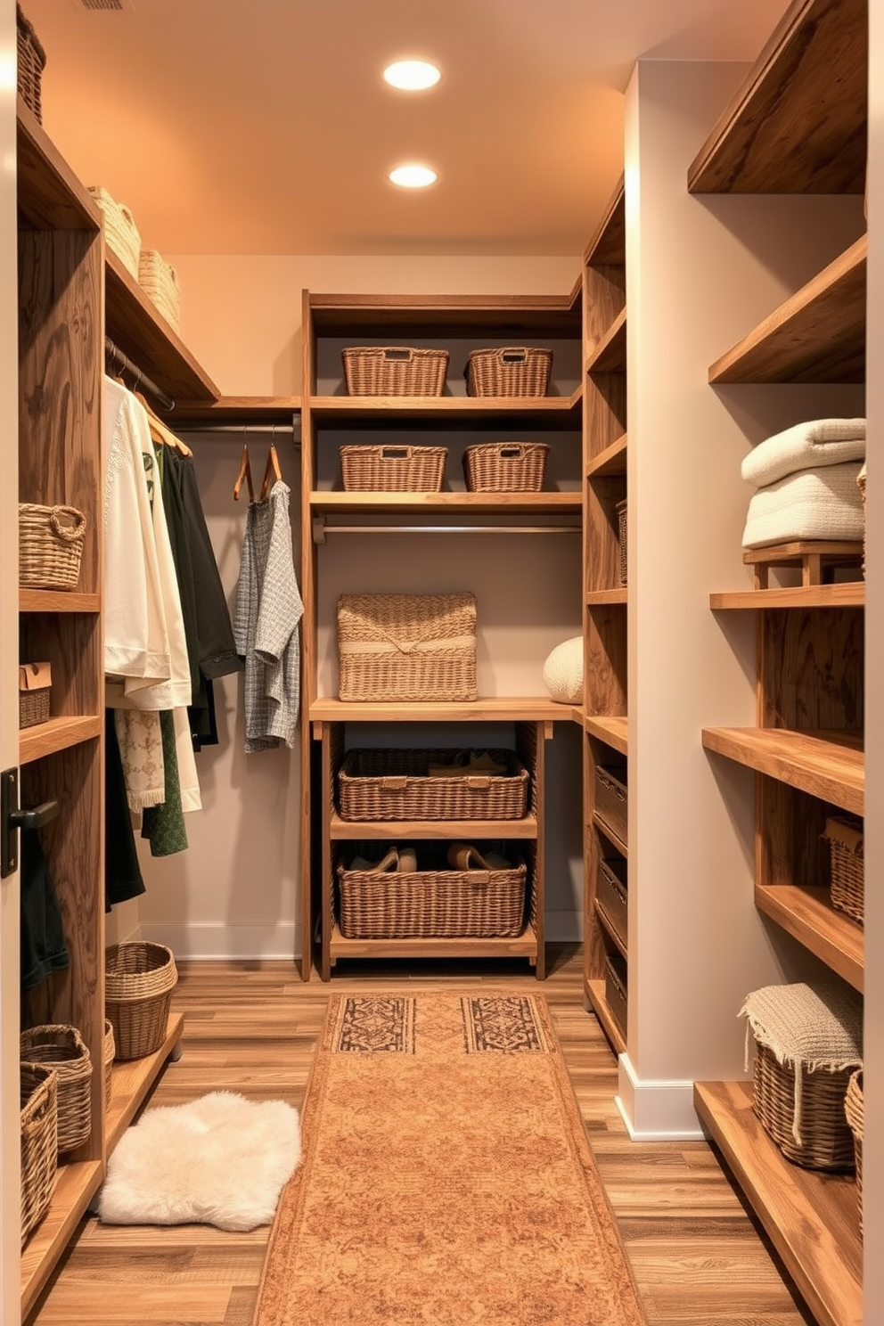 A rustic walk-in closet designed with a neutral color palette featuring warm tones creates an inviting and cozy atmosphere. The wooden shelving and hanging racks are complemented by soft beige walls and warm-toned lighting to enhance the overall aesthetic. Incorporate natural materials such as reclaimed wood for the flooring and storage solutions to evoke a sense of warmth and comfort. Decorative elements like woven baskets and plush rugs can add texture and charm to the space while maintaining an organized look.