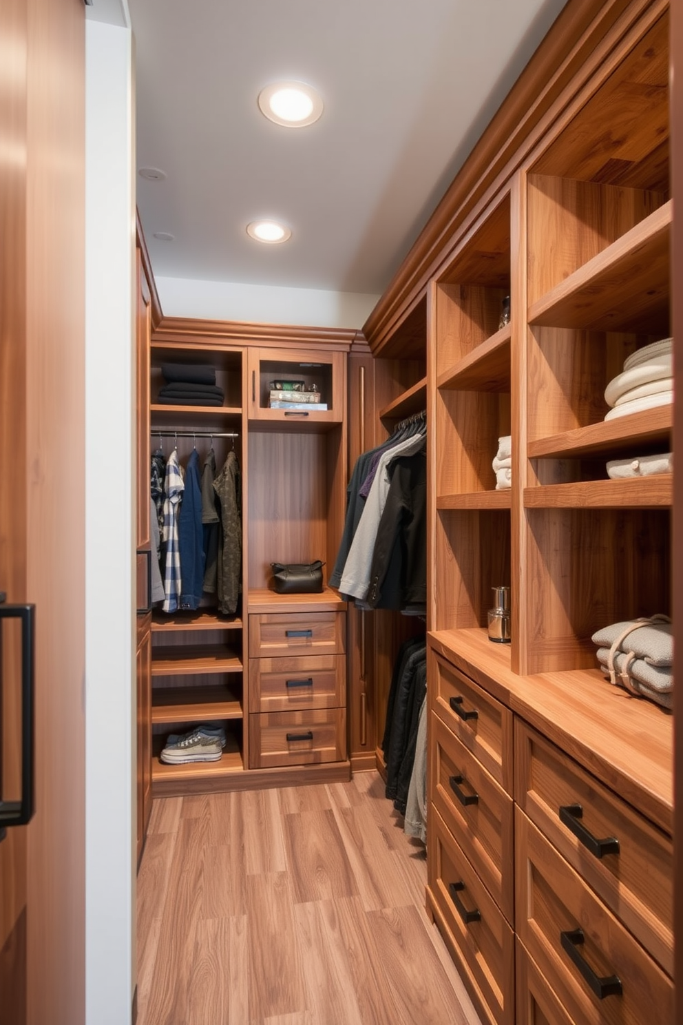 Custom cabinetry with rustic finishes features warm wood tones and textured surfaces that evoke a sense of natural charm. The design includes open shelving for display and ample storage to keep the space organized and inviting. Rustic walk-in-closet design ideas incorporate reclaimed wood accents and vintage-inspired hardware to create a cozy atmosphere. Soft lighting highlights the unique details while providing a functional layout for easy access to clothing and accessories.