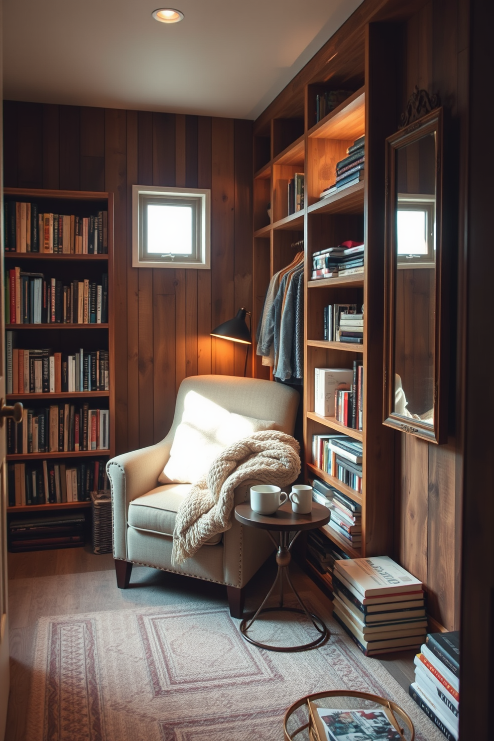 Cozy reading nook in the corner. A plush armchair is positioned next to a tall bookshelf filled with various novels. Soft warm lighting illuminates the space, creating an inviting atmosphere. A small side table holds a steaming cup of tea and a cozy blanket draped over the armchair. Rustic walk-in-closet design ideas. The closet features reclaimed wood shelving and hanging rods for clothing storage. A large vintage mirror is mounted on one wall, reflecting the warm tones of the wood. Natural light filters in through a small window, enhancing the rustic charm of the space.