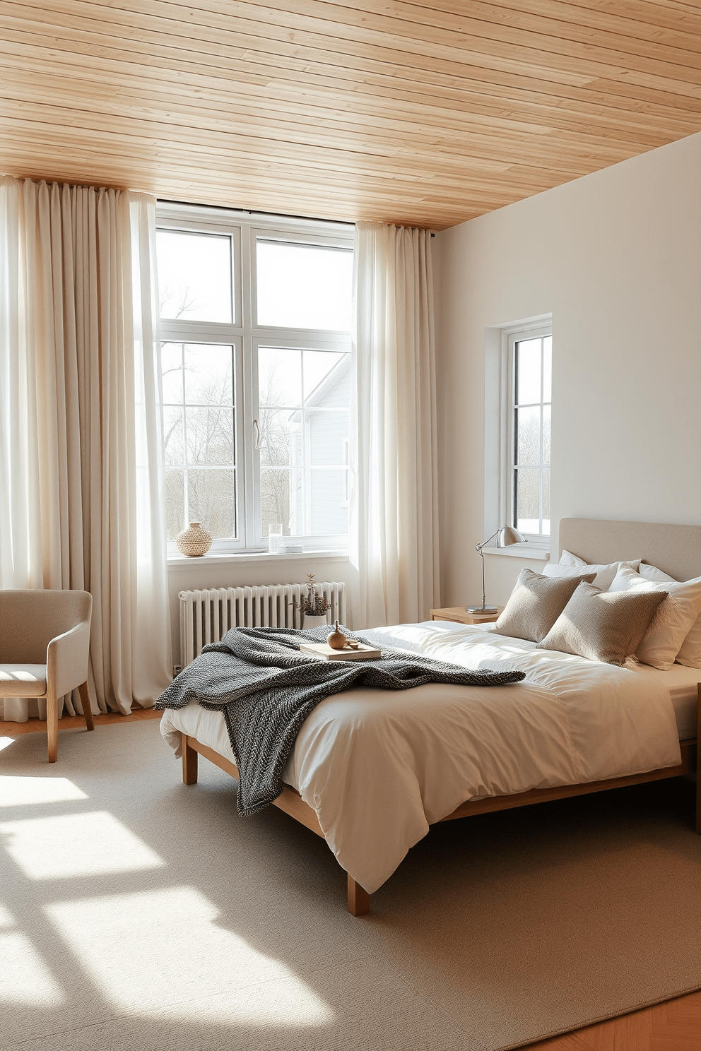 A serene Scandinavian bedroom featuring a neutral color palette with soft beige walls and a light wood ceiling. The bed is adorned with fluffy white linens and a textured gray throw, complemented by wooden bedside tables with minimalist lamps. Natural light floods the space through large windows dressed in sheer curtains, creating a warm and inviting atmosphere. A cozy reading nook with a plush armchair and a small wooden bookshelf adds to the room's charm.