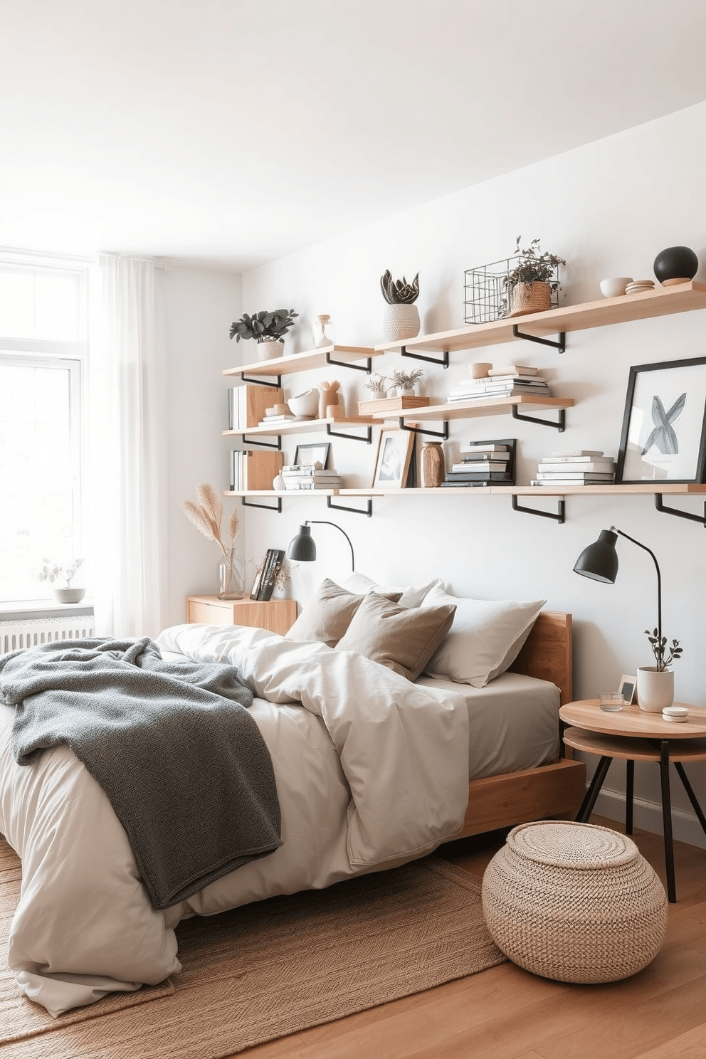 Open shelving lines the wall of a cozy Scandinavian bedroom, showcasing a curated selection of decor items such as plants, books, and art pieces. The shelves are made of light wood, complementing the soft neutral tones of the room's furnishings and textiles. A plush bed with a simple, elegant design is centered against the wall, adorned with layered bedding in muted colors. Natural light floods the space through a large window, highlighting the airy and minimalist aesthetic typical of Scandinavian design.