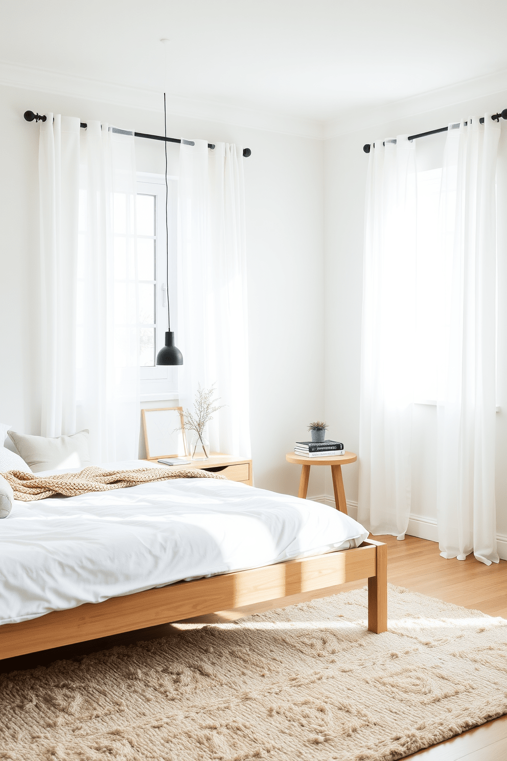 A serene Scandinavian bedroom featuring a light wood bed frame with crisp white linens and a cozy knit throw. Soft natural light filters through sheer curtains, illuminating a minimalist nightstand adorned with a small potted plant and a stack of books. The walls are painted in a soft pastel hue, creating a calming atmosphere. A plush area rug in neutral tones anchors the space, while stylish pendant lights hang above the bedside tables, adding a contemporary flair.