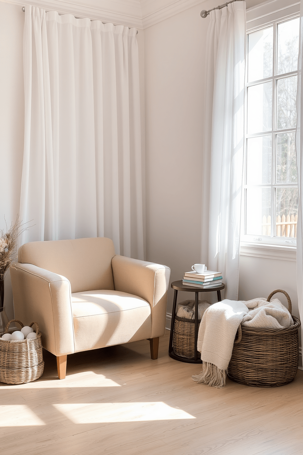 A cozy reading nook by the window features a plush armchair in a soft neutral fabric. A small side table holds a steaming cup of tea and a stack of books, while a woven basket nearby stores cozy blankets. Natural light floods the space through sheer white curtains, creating a warm and inviting atmosphere. The walls are painted in a light pastel shade, complementing the light wood flooring and minimalistic decor.