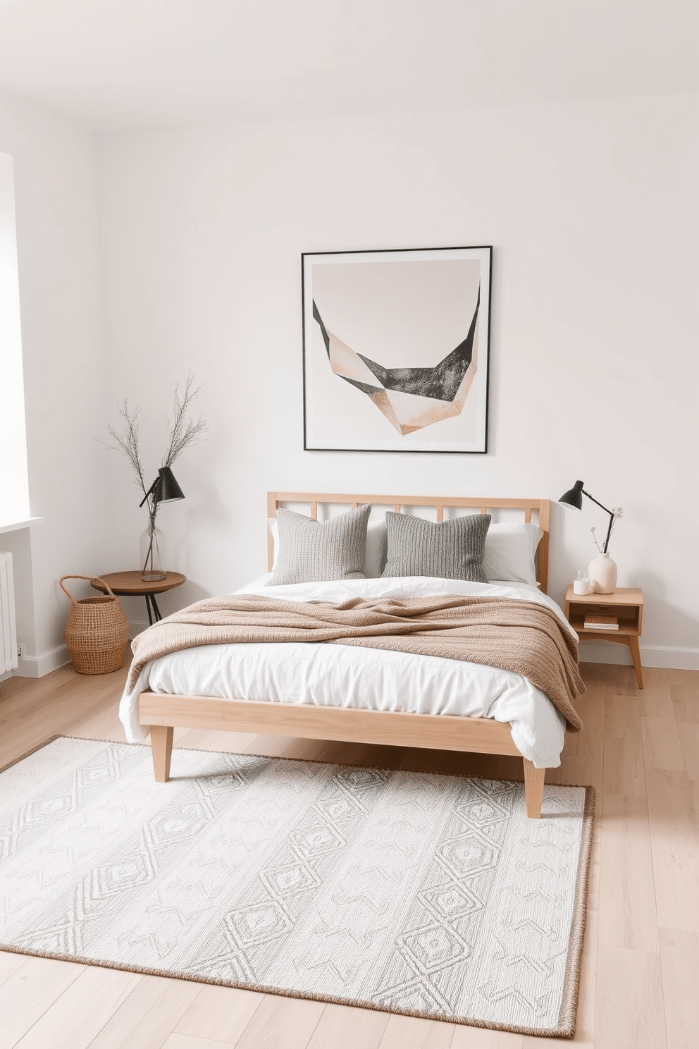 A serene Scandinavian bedroom featuring geometric patterns in decor. The walls are painted in soft white, while a large geometric-patterned rug adds warmth to the light wooden floor. A minimalist bed with a simple wooden frame is adorned with textured pillows in muted tones. Above the bed, a large abstract geometric print hangs, complementing the overall aesthetic of the room.