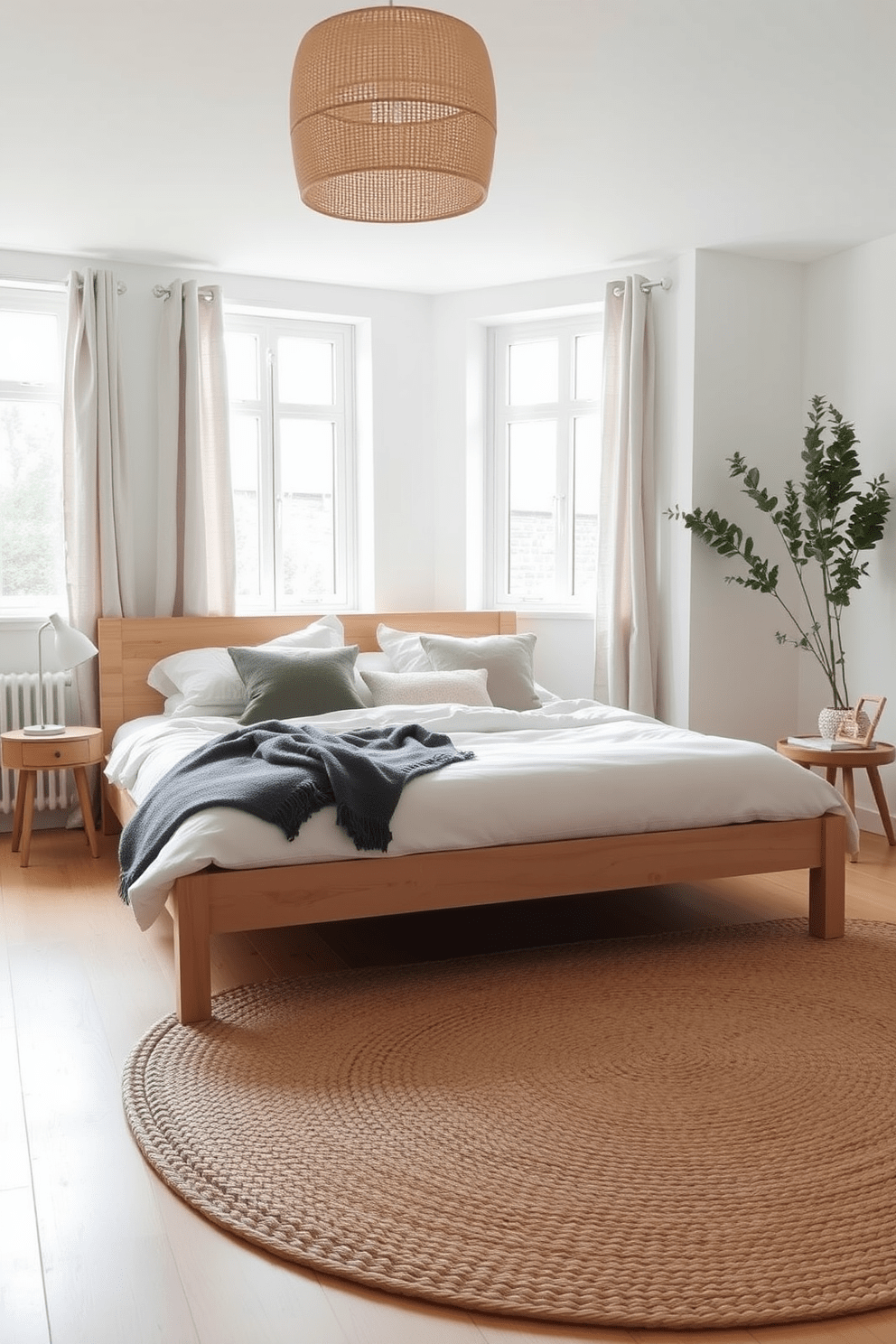 A cozy Scandinavian bedroom featuring a statement bed frame made of light wood with a minimalist design. Soft neutral bedding adorns the bed, complemented by plush throw pillows in muted tones. The walls are painted in a soft white, creating a bright and airy atmosphere. A small bedside table with a sleek lamp sits on either side of the bed, adding functionality and style. Natural light floods the room through large windows dressed with simple linen curtains. A woven area rug in earthy tones anchors the space, enhancing the warmth and comfort of the design.