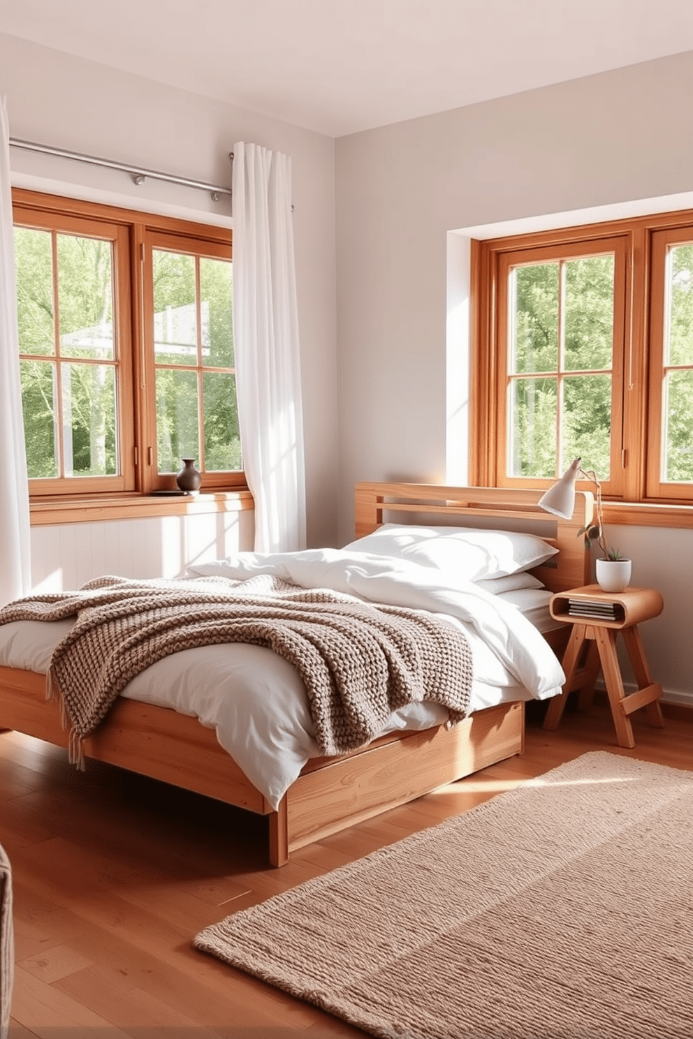 A cozy Scandinavian bedroom featuring warm wood tones throughout. The bed is made of light oak with soft white linens and a chunky knit blanket draped across the foot. Natural light floods the room through large windows adorned with sheer curtains. A minimalist nightstand made of reclaimed wood holds a simple lamp and a small potted plant. The walls are painted in a soft, neutral color to enhance the warmth of the wood. A plush area rug in muted tones adds comfort underfoot, completing the inviting atmosphere.