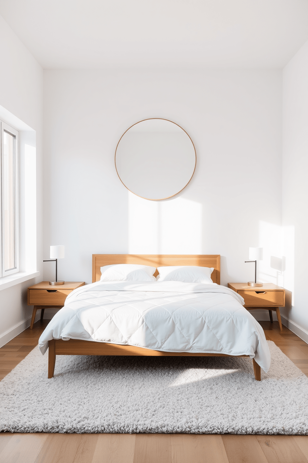 A bright and airy Scandinavian bedroom features a large window allowing natural light to flood the space. The walls are painted in a soft white, and a plush light gray area rug lies beneath a simple wooden bed with crisp white linens. On either side of the bed, sleek nightstands hold minimalist lamps that create a warm glow in the evening. A large round mirror hangs above the bed, reflecting the light and making the room feel more spacious and inviting.