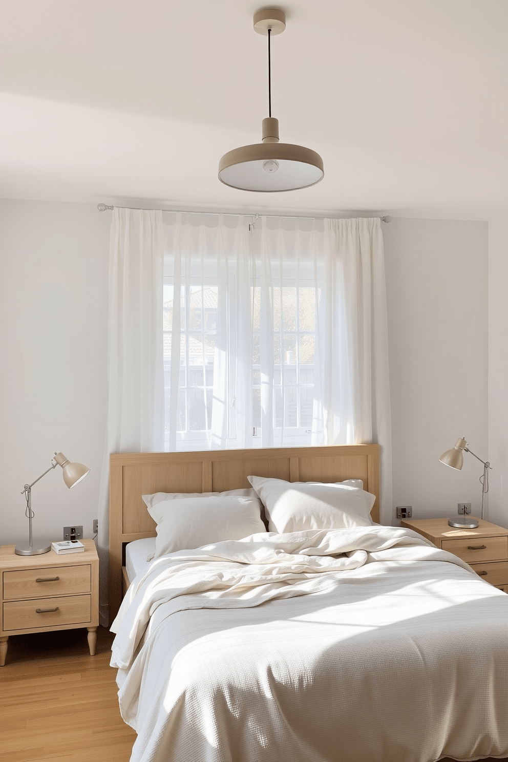 A serene Scandinavian bedroom featuring layered lighting with dimmers to create a cozy ambiance. The room is adorned with a plush bed dressed in soft linens, accompanied by minimalist nightstands on either side. Natural light filters through sheer curtains, enhancing the light wood tones of the furniture. A combination of pendant lights and floor lamps provides adjustable illumination for reading and relaxation.