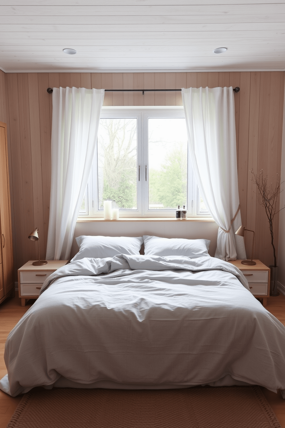 Create a serene atmosphere in a Scandinavian bedroom featuring soft neutral colors and natural wood accents. The room includes a cozy bed with a light gray duvet, flanked by minimalist nightstands with simple lamps. Incorporate a large window that allows natural light to fill the space, adorned with sheer white curtains. Place a few scented candles on the window sill and a woven rug underfoot to enhance the tranquil vibe.