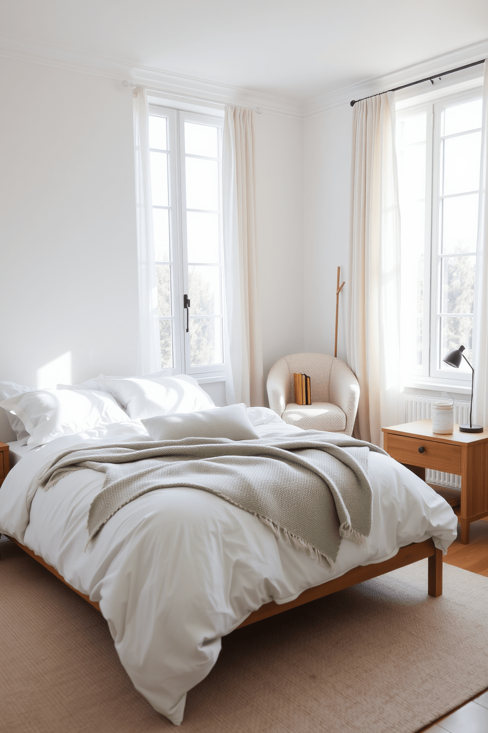 A serene Scandinavian bedroom featuring a neutral palette. The bed is adorned with soft white linens and a light gray throw blanket, complemented by wooden nightstands on either side. Natural light floods the room through large windows dressed with sheer curtains. A cozy reading nook with a plush armchair and a small bookshelf adds warmth to the space.