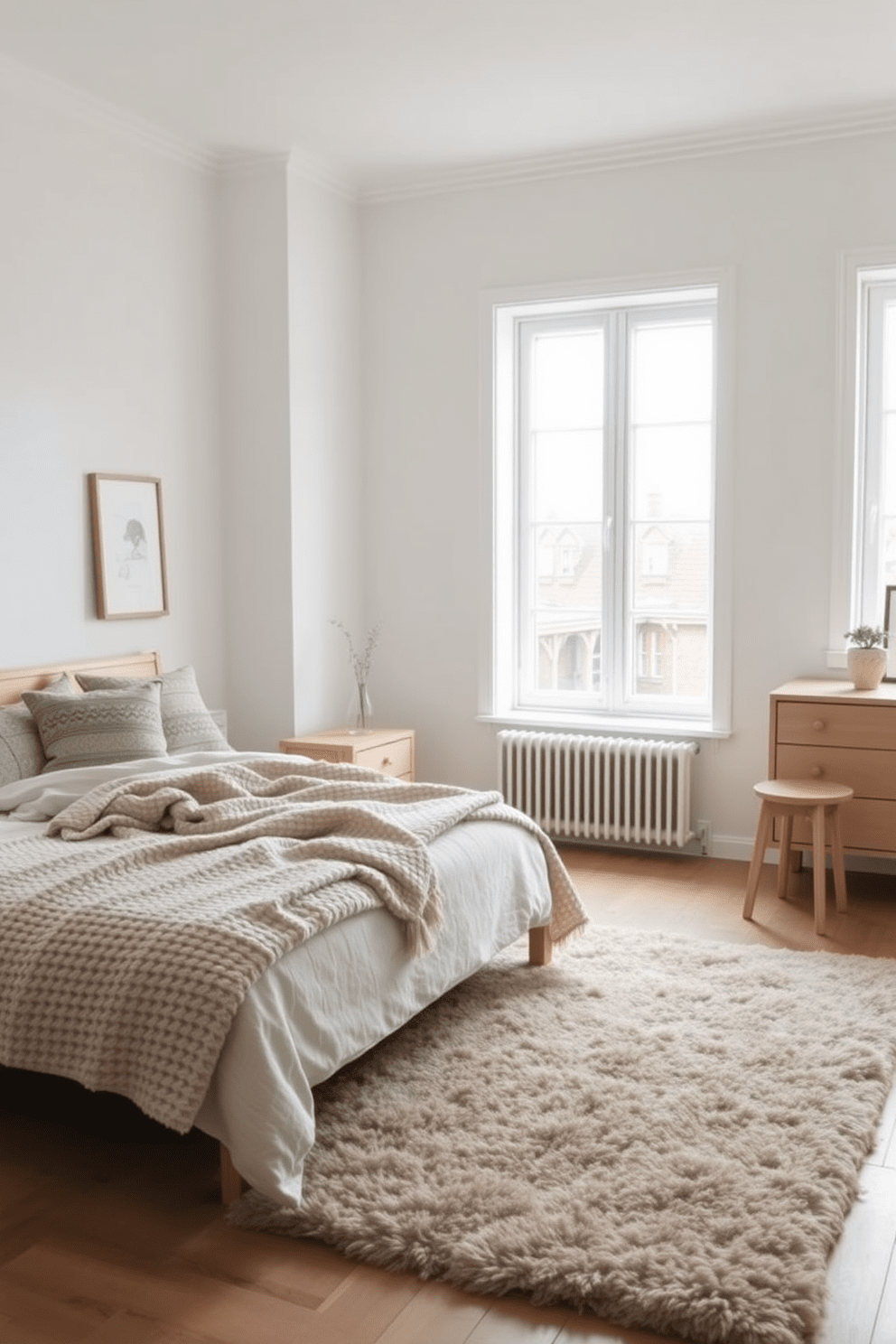 A serene Scandinavian bedroom setting featuring soft wool textiles and a neutral color palette. The bed is adorned with a chunky knit blanket and patterned throw pillows, creating a cozy atmosphere. Natural light floods the room through large windows, highlighting the light wood furniture and minimalist decor. A plush area rug in muted tones anchors the space, while a simple bedside table holds a small potted plant.