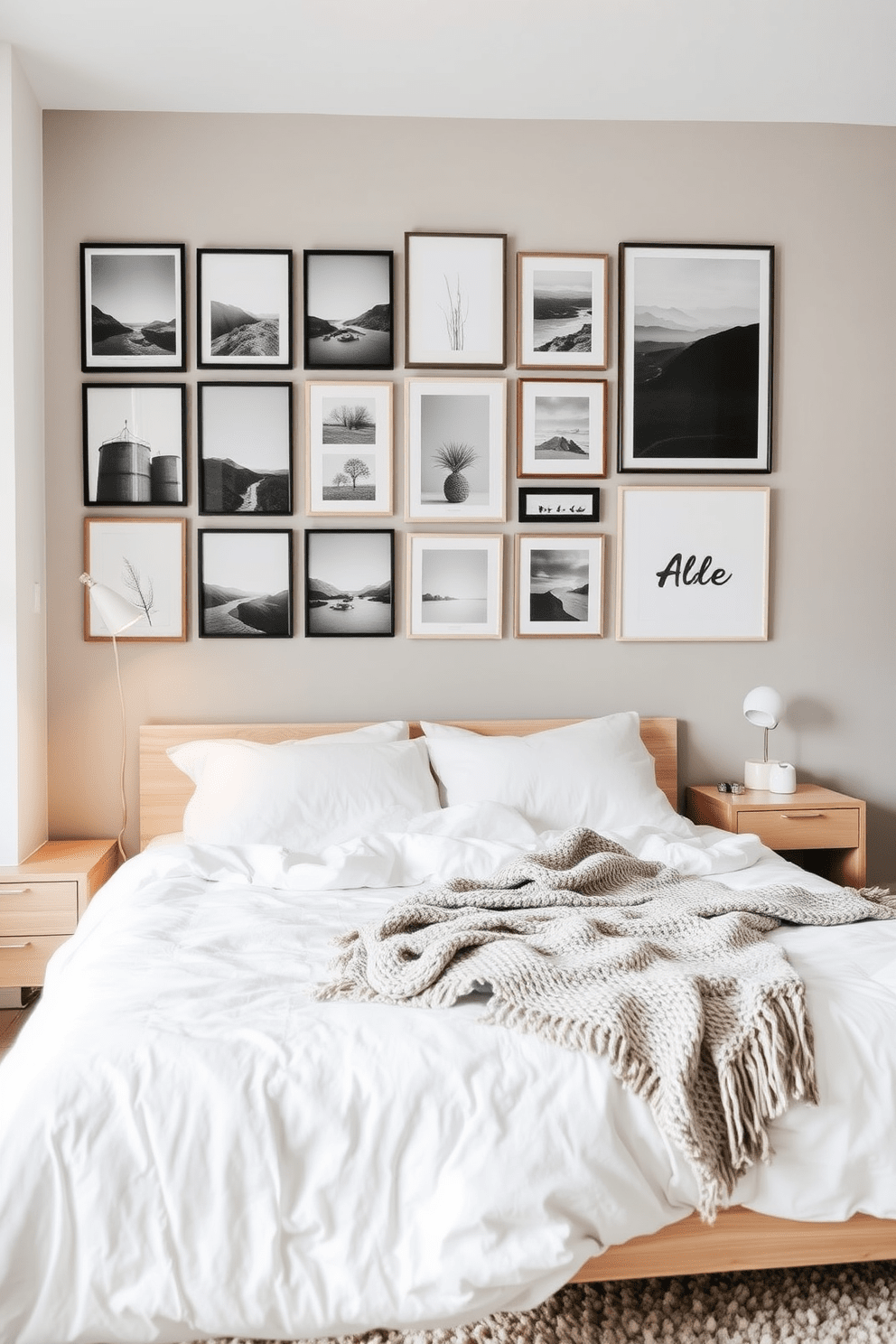 A serene Scandinavian bedroom featuring a focal point gallery wall. The wall is adorned with an array of framed artwork, showcasing minimalist prints and natural landscapes, creating a harmonious blend of colors and textures. The bed is dressed in soft, neutral linens with a cozy knit throw draped across the foot. Light wood furniture complements the space, while a plush area rug adds warmth underfoot.