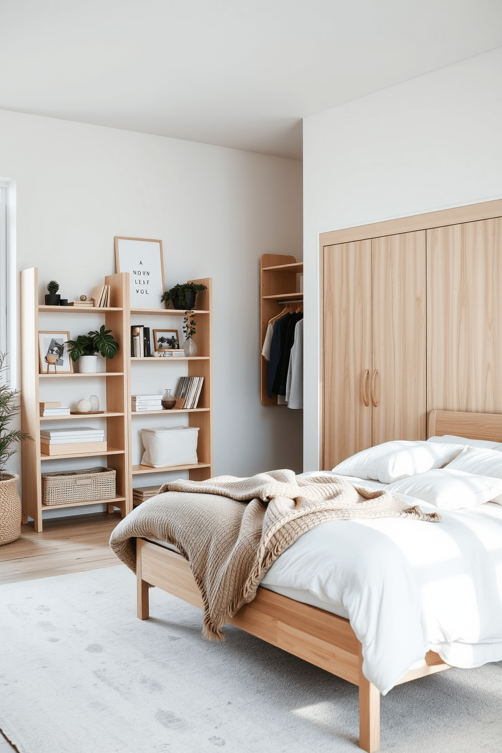 A serene Scandinavian bedroom with a blend of open and closed storage solutions. The room features a light wood bed frame adorned with soft, neutral bedding and a cozy knit throw. On one side, a minimalist open shelving unit displays carefully curated decor and plants, while on the opposite wall, a sleek wardrobe with closed storage keeps the space tidy. Natural light floods the room through large windows, illuminating the soft, muted color palette of whites and pastels.