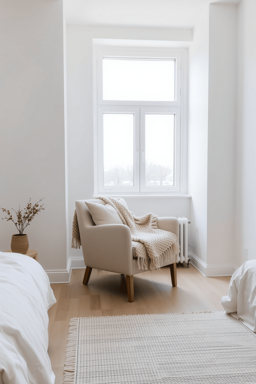 A cozy corner chair is placed beside a large window in a Scandinavian bedroom, allowing natural light to fill the space. The chair features soft, neutral upholstery and is complemented by a chunky knitted throw draped over one arm. The walls are painted in a soft white hue, creating a bright and airy atmosphere. Light wood flooring adds warmth, while a simple, textured area rug anchors the seating area and enhances the cozy feel.