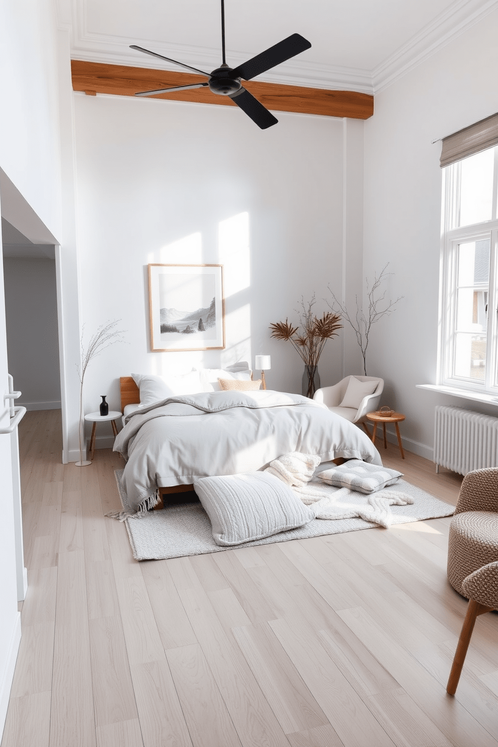 A serene Scandinavian bedroom featuring light-colored wood flooring that enhances the airy atmosphere. The walls are painted in soft white, complemented by minimalist furniture and cozy textiles in neutral tones. A plush bed with a light grey duvet is positioned against a feature wall adorned with simple artwork. Natural light floods the room through large windows, creating a warm and inviting space.