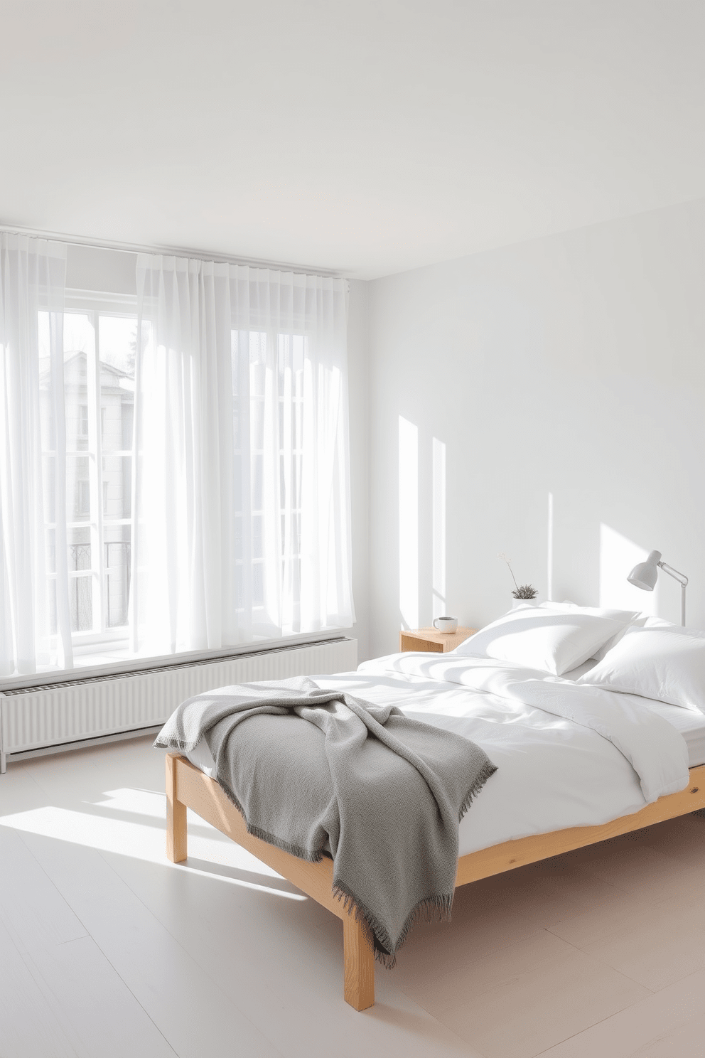 A serene Scandinavian bedroom with a minimalist aesthetic. The room features a light wood bed frame with crisp white bedding and a soft gray throw blanket draped over the foot of the bed. Natural light floods the space through large windows adorned with sheer white curtains. A simple wooden nightstand holds a small potted plant and a minimalist lamp, enhancing the calming atmosphere.