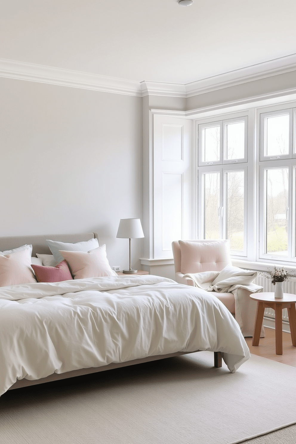 A serene Scandinavian bedroom featuring soft, neutral tones with a touch of pastel accents. The walls are painted in a light gray, and a plush, cream-colored bedspread adorns the bed, complemented by pastel pink and mint green throw pillows. Natural light floods the space through large windows, illuminating a cozy reading nook with a comfortable armchair in soft beige. A wooden bedside table holds a delicate vase with fresh flowers, enhancing the tranquil atmosphere.