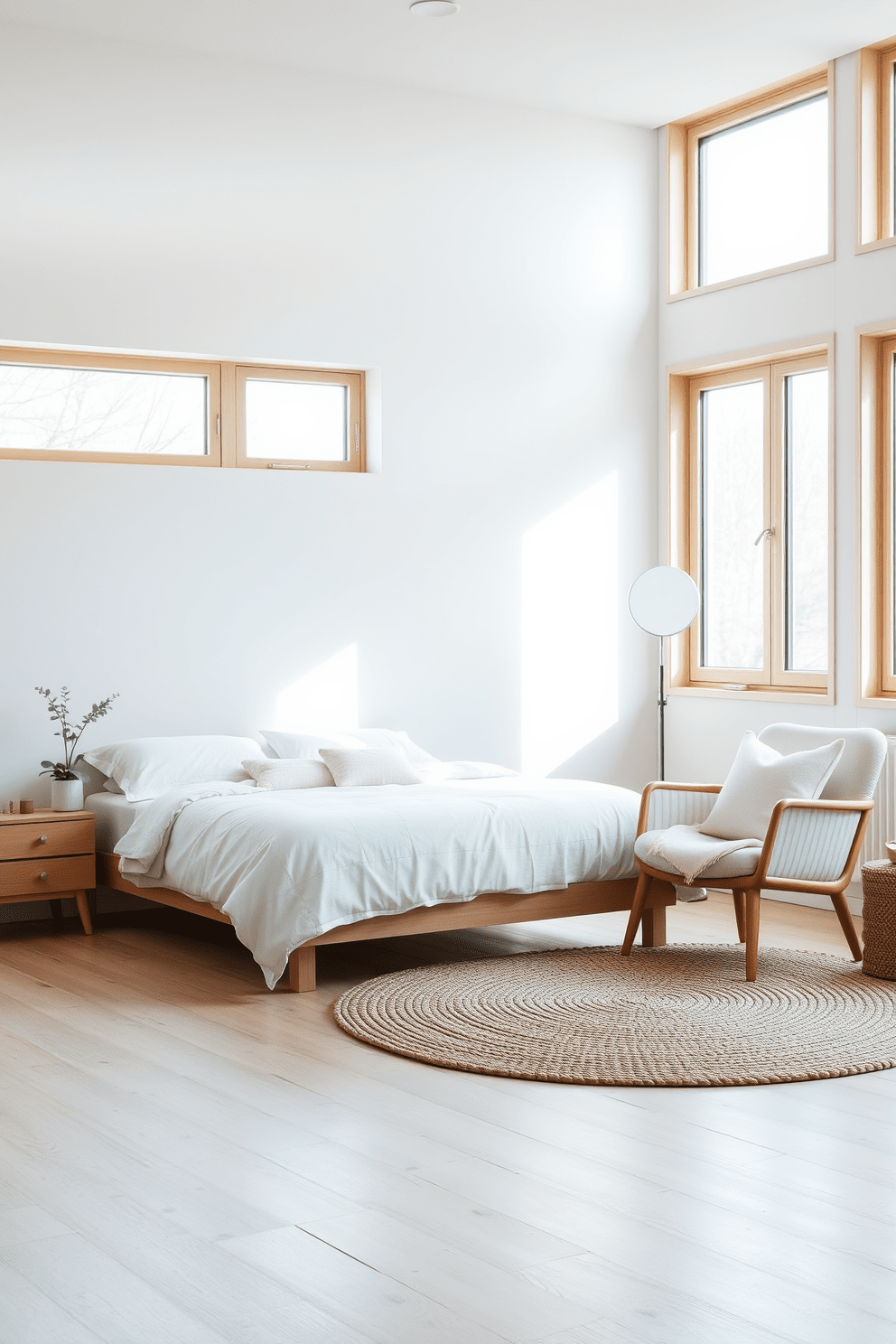 A serene Scandinavian bedroom featuring minimalist furniture with clean lines. The bed is adorned with soft, neutral bedding, and a simple wooden nightstand holds a small potted plant. Natural light floods the room through large windows, illuminating the light wood flooring. A cozy armchair in the corner invites relaxation, complemented by a woven rug that adds warmth to the space.