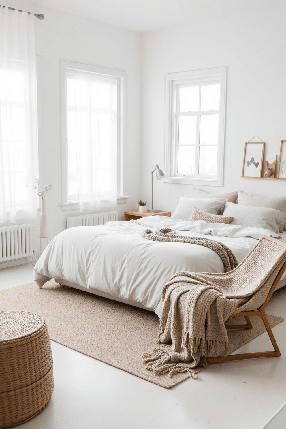 A Scandinavian bedroom that embodies a balance between comfort and style. The room features a large, plush bed with a light gray duvet and an array of soft, textured pillows. Natural light floods the space through large windows adorned with sheer white curtains. A minimalist wooden nightstand holds a small potted plant and a stylish lamp, enhancing the serene atmosphere. The walls are painted in a soft white hue, creating a bright and airy feel. A cozy area rug in muted tones lies beneath the bed, adding warmth and texture to the room. In one corner, a comfortable reading chair with a knitted throw invites relaxation. Simple decorative elements, such as framed art and wooden accents, complete the harmonious Scandinavian aesthetic.