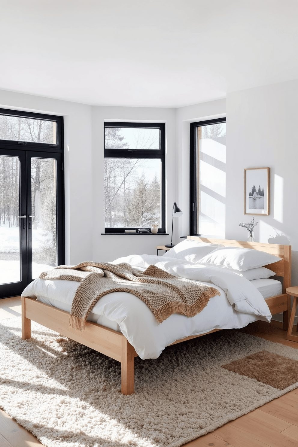 A serene Scandinavian bedroom bathed in natural light from large floor-to-ceiling windows. The room features a light wood bed frame with soft white linens and a cozy knitted throw draped at the foot. Minimalist decor adorns the walls, with a few framed nature prints and a small potted plant on the bedside table. A plush area rug in neutral tones lies beneath the bed, adding warmth and texture to the space.