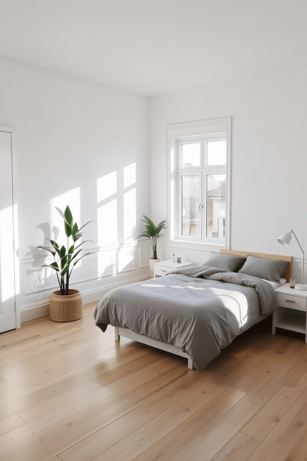 A serene Scandinavian bedroom featuring light wooden flooring and white walls. A comfortable bed with a soft grey duvet is positioned against one wall, complemented by two minimalist nightstands on either side. In one corner, a tall indoor plant adds a touch of greenery, while a woven basket sits beneath it. Natural light streams in through large windows, illuminating a cozy reading nook with a plush chair and a small side table.