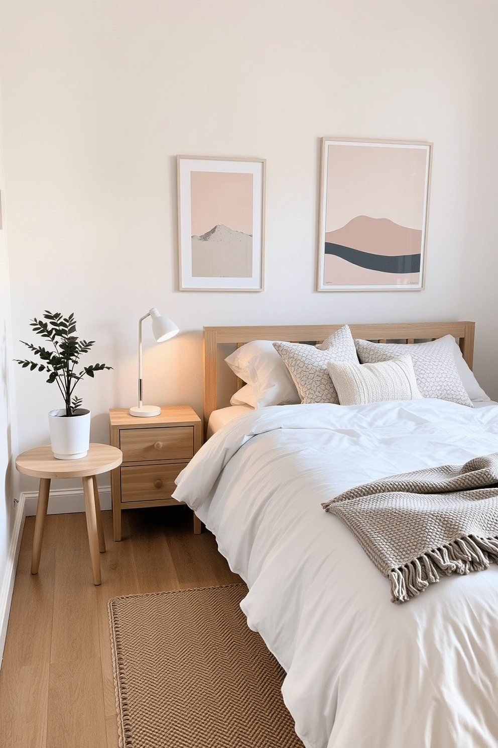 A cozy Scandinavian bedroom featuring light wooden furniture and soft textiles. The walls are adorned with minimalist artwork in soft pastel colors, creating a serene atmosphere. The bed is dressed in a plush white duvet with patterned throw pillows. A simple wooden nightstand holds a small potted plant and a stylish lamp, adding warmth to the space.