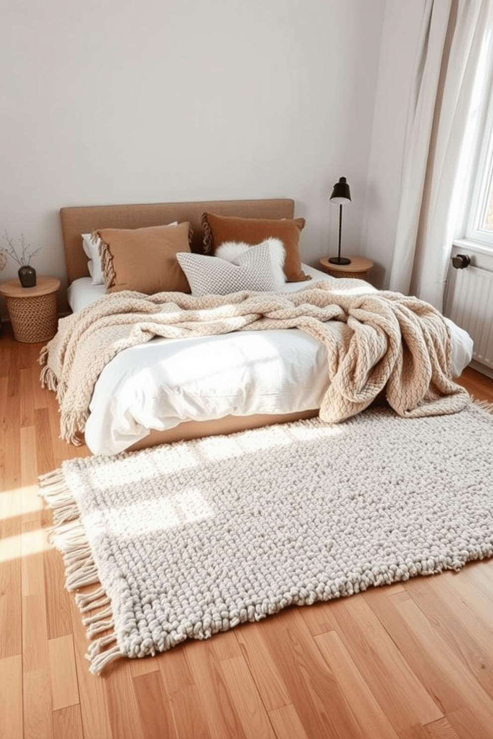 A cozy Scandinavian bedroom featuring a soft wool rug layered over natural wood flooring. The bed is adorned with plush throws and cushions in muted tones, creating a warm and inviting atmosphere.