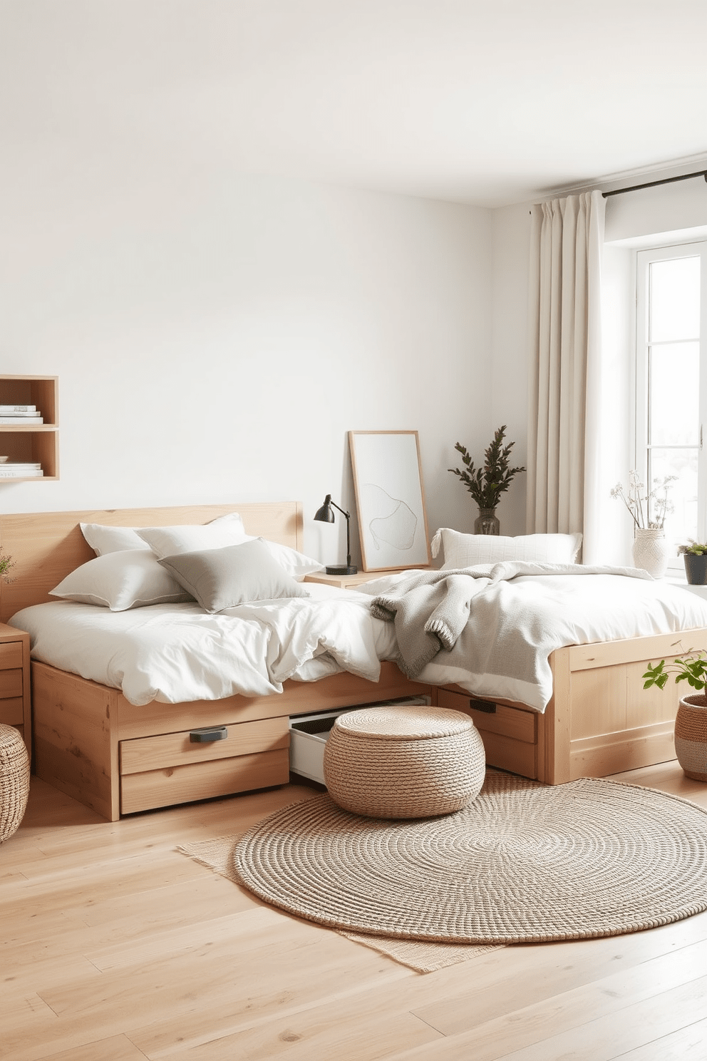 A serene Scandinavian bedroom features a minimalist design with a light wood bed frame and soft linen bedding in neutral tones. Functional storage solutions are integrated seamlessly, such as built-in shelves and under-bed drawers, maintaining a clutter-free environment. The walls are adorned with subtle pastel shades, creating a calm atmosphere, while a cozy reading nook with a plush chair sits by a large window. Decorative elements include a woven rug and potted plants, adding warmth and style to the space.