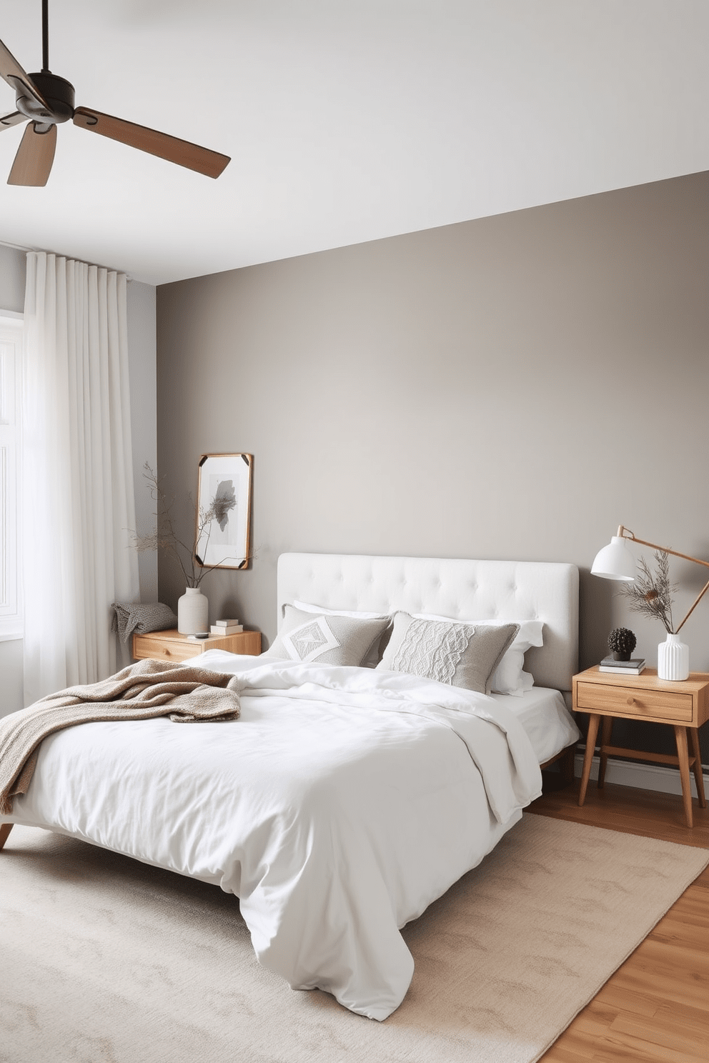 A serene Scandinavian bedroom featuring an accent wall in muted tones. The space is adorned with a plush bed dressed in soft linens, complemented by minimalist wooden furniture and cozy textiles.