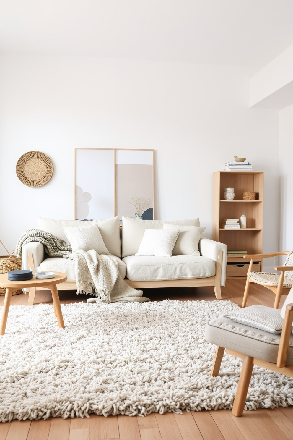 A Scandinavian living room featuring light wood furniture that exudes warmth and simplicity. Soft textiles in neutral tones are draped across a cozy sofa, complemented by a plush area rug that adds texture to the space.