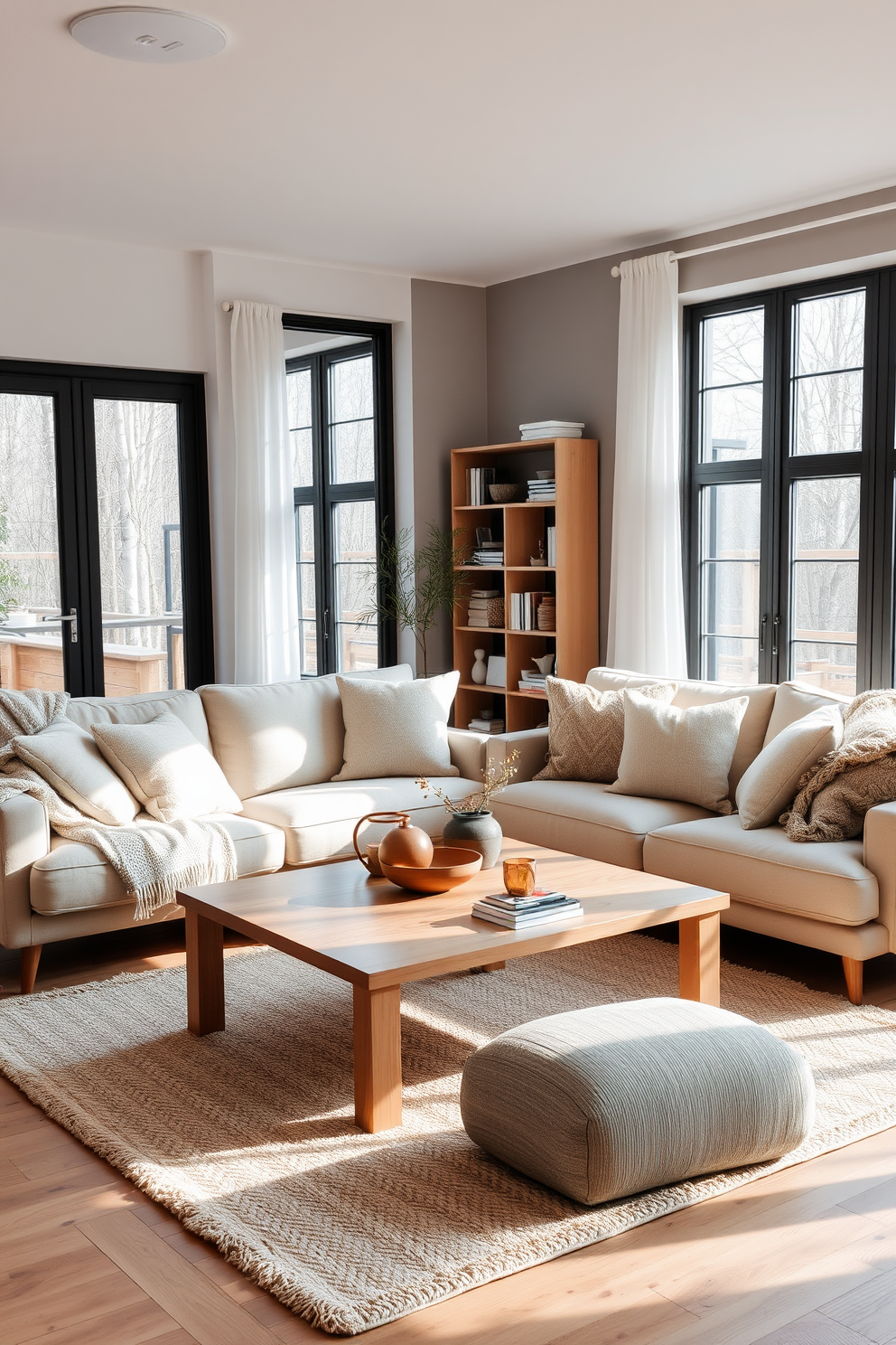 A cozy Scandinavian living room featuring a light wood coffee table surrounded by a plush sofa adorned with warm throws and cushions in soft neutral tones. Large windows allow natural light to fill the space, highlighting a minimalist bookshelf and a soft area rug that adds warmth to the wooden floor.