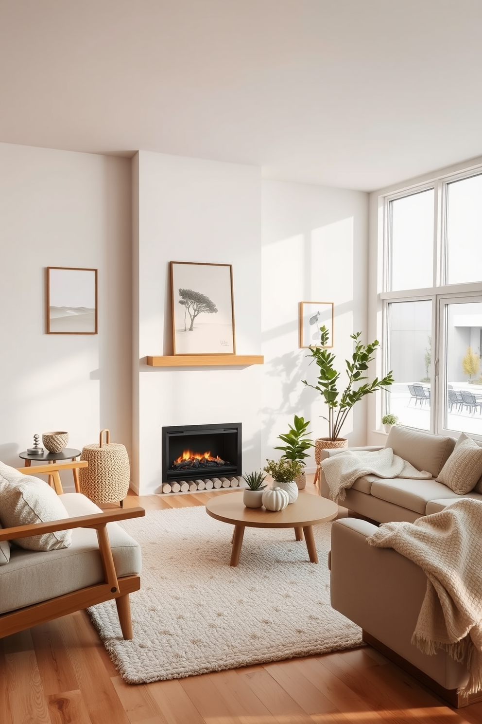 A cozy Scandinavian-style living room features a sleek fireplace with a minimalist design, surrounded by natural wood accents. The room is filled with soft textiles, including a plush area rug and comfortable seating, creating an inviting atmosphere. Light-colored walls enhance the brightness of the space, while large windows allow ample natural light to flood in. Decorative elements such as potted plants and simple artwork add a touch of personality to the serene environment.