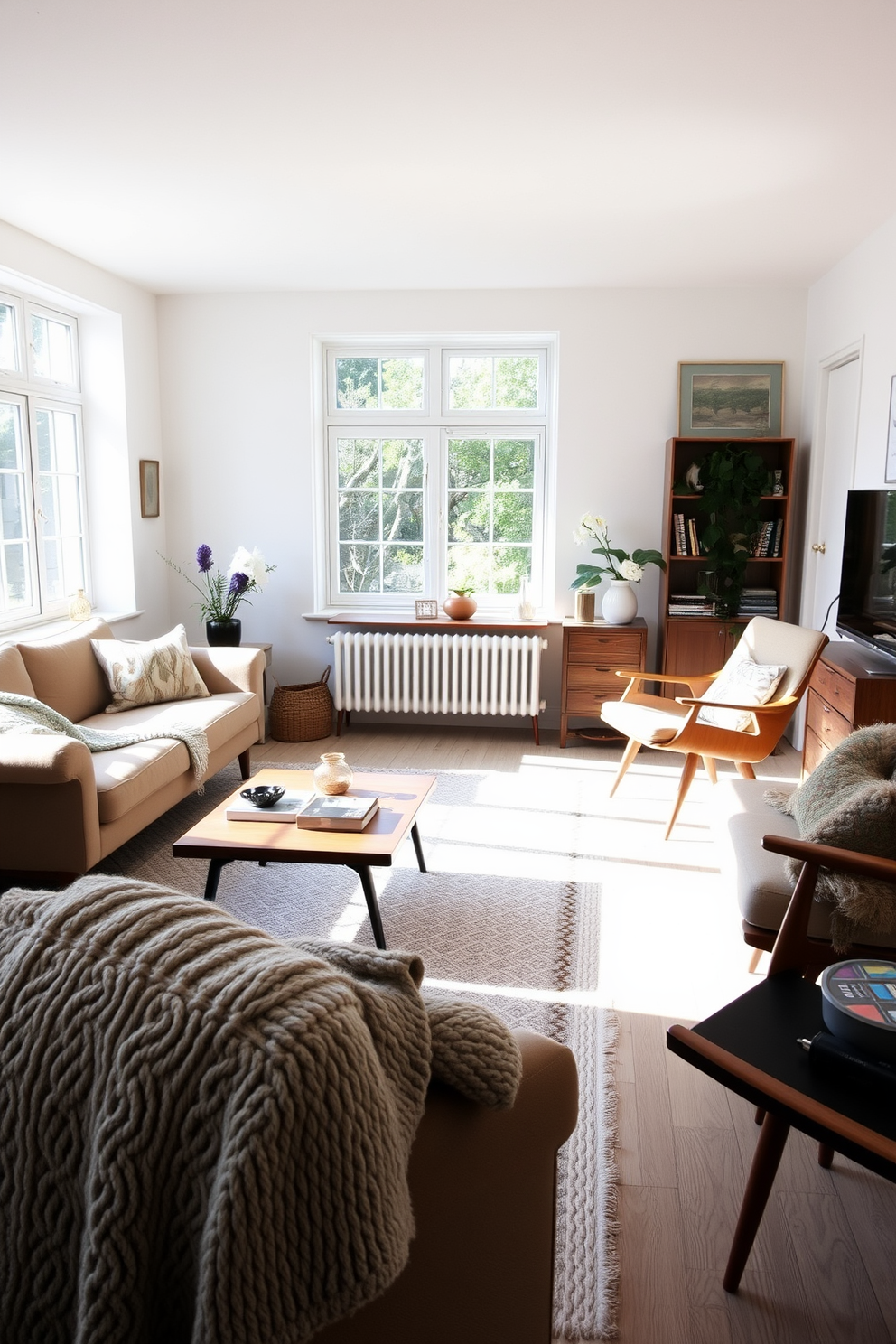 A stylish Scandinavian living room featuring a blend of vintage and modern furniture. The space includes a plush mid-century sofa paired with a sleek contemporary coffee table and a vintage armchair that adds character. Natural light floods the room through large windows, highlighting the light wood flooring and soft neutral color palette. Cozy textiles such as a chunky knit throw and patterned cushions create an inviting atmosphere.