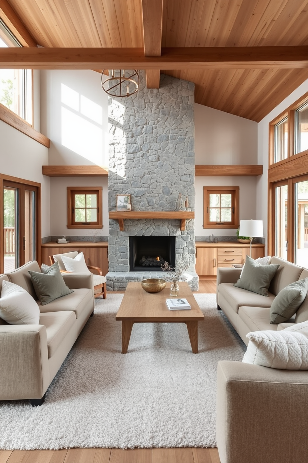 A cozy Scandinavian living room featuring natural materials like wood and stone. The space includes a light wood coffee table surrounded by plush, neutral-toned sofas adorned with soft throw pillows. A large stone fireplace serves as the room's focal point, providing warmth and a rustic charm. Large windows allow natural light to flood in, highlighting the wooden beams on the ceiling and the soft area rug underfoot.