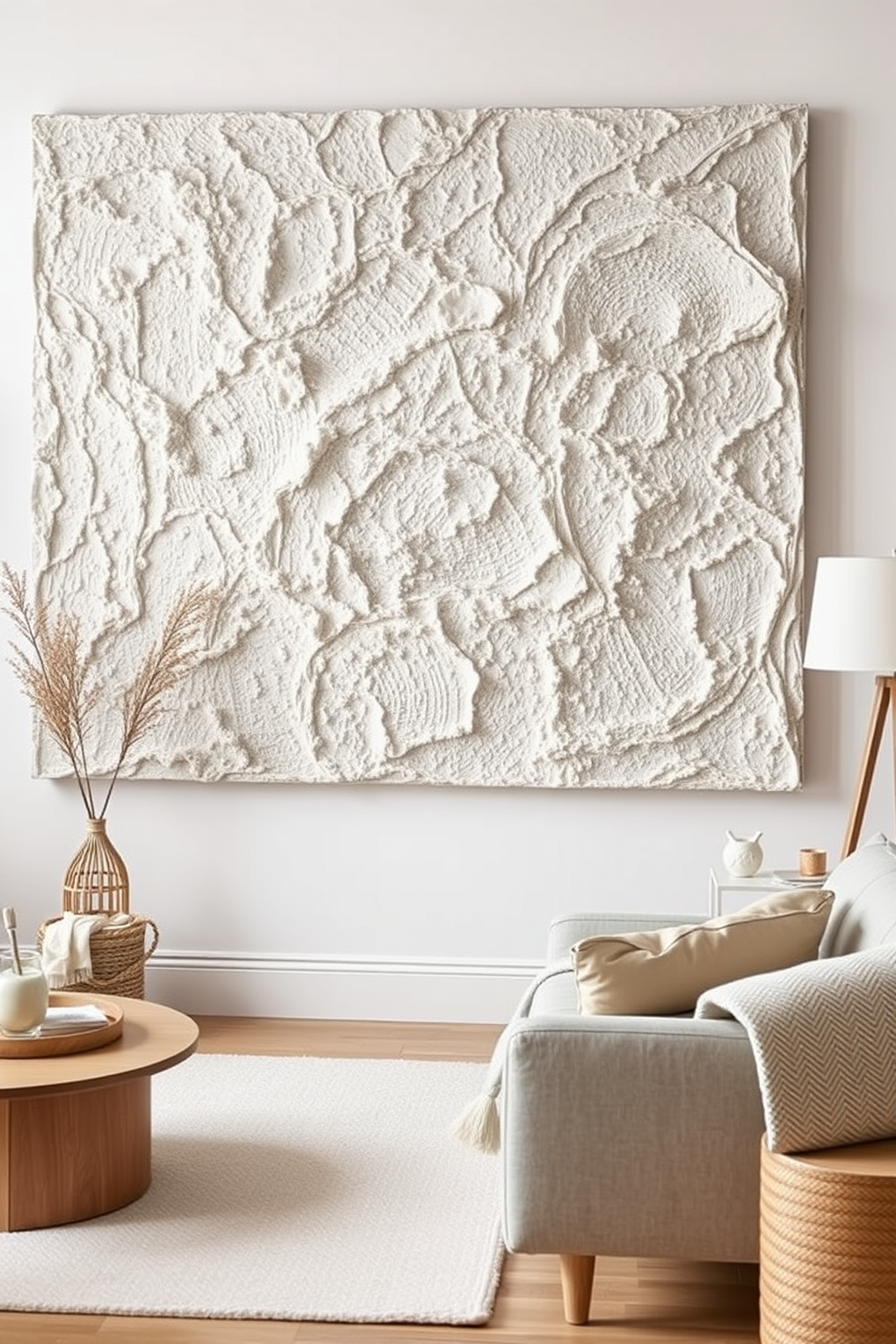 Textured wall art adds depth and character to a Scandinavian living room. The space features a neutral color palette with cozy textiles and minimalist furniture.