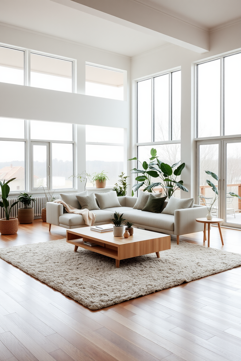 A spacious living area with an open floor plan featuring large windows that allow natural light to flood the room. The decor includes minimalist furniture with clean lines, a neutral color palette, and cozy textiles that enhance the Scandinavian aesthetic. The focal point is a stylish sofa paired with a sleek coffee table made of light wood. A plush area rug adds warmth to the space, while indoor plants bring a touch of nature indoors, creating a serene and inviting atmosphere.