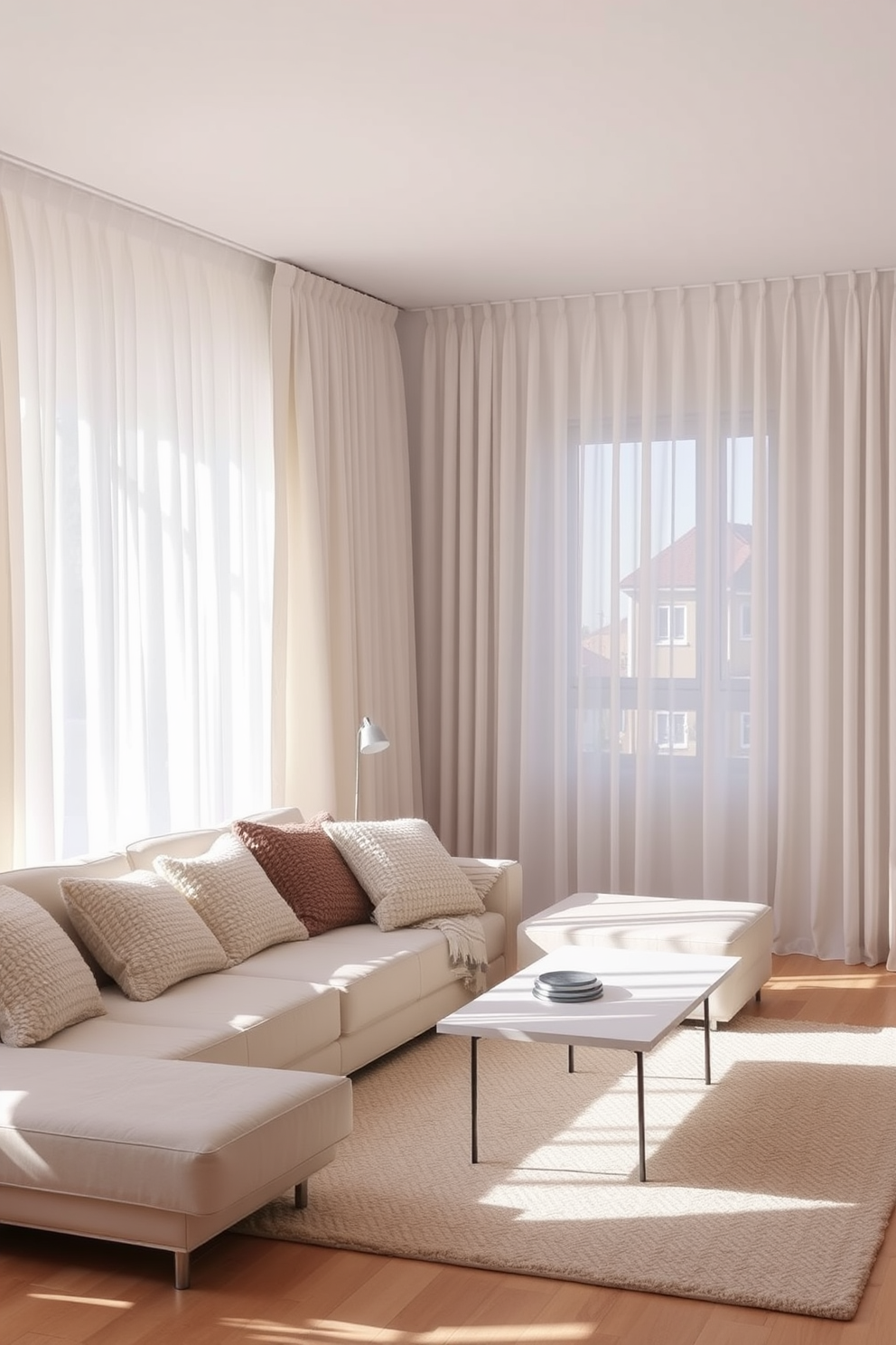 A bright and airy Scandinavian living room features light-colored curtains that gently filter natural light, creating a warm and inviting atmosphere. The space includes a minimalist sofa adorned with textured cushions, a sleek coffee table, and a cozy area rug that adds comfort underfoot.