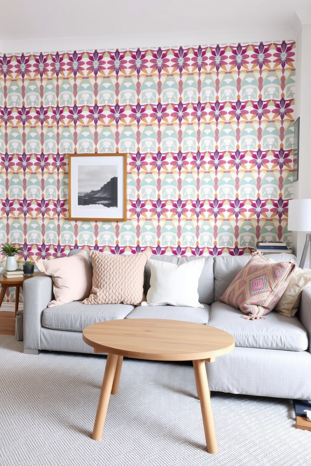 A Scandinavian living room featuring an accent wall adorned with bold wallpaper that showcases a vibrant geometric pattern. The space includes a cozy sofa in light gray, complemented by a mix of textured throw pillows in soft pastels and a natural wood coffee table at the center.