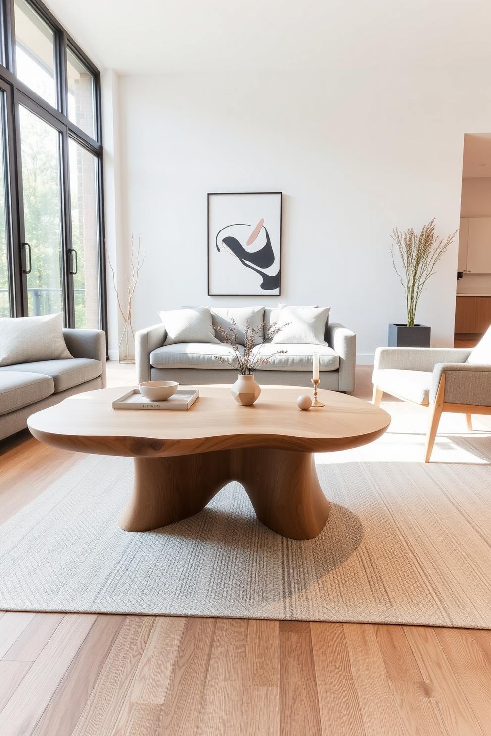 A stylish coffee table with a unique organic shape sits at the center of a Scandinavian living room. The table is made of light wood, complementing the soft neutral tones of the surrounding furnishings. Surrounding the table are a plush gray sofa and a pair of minimalist armchairs upholstered in a light fabric. Large windows allow natural light to flood the space, enhancing the airy and inviting atmosphere.