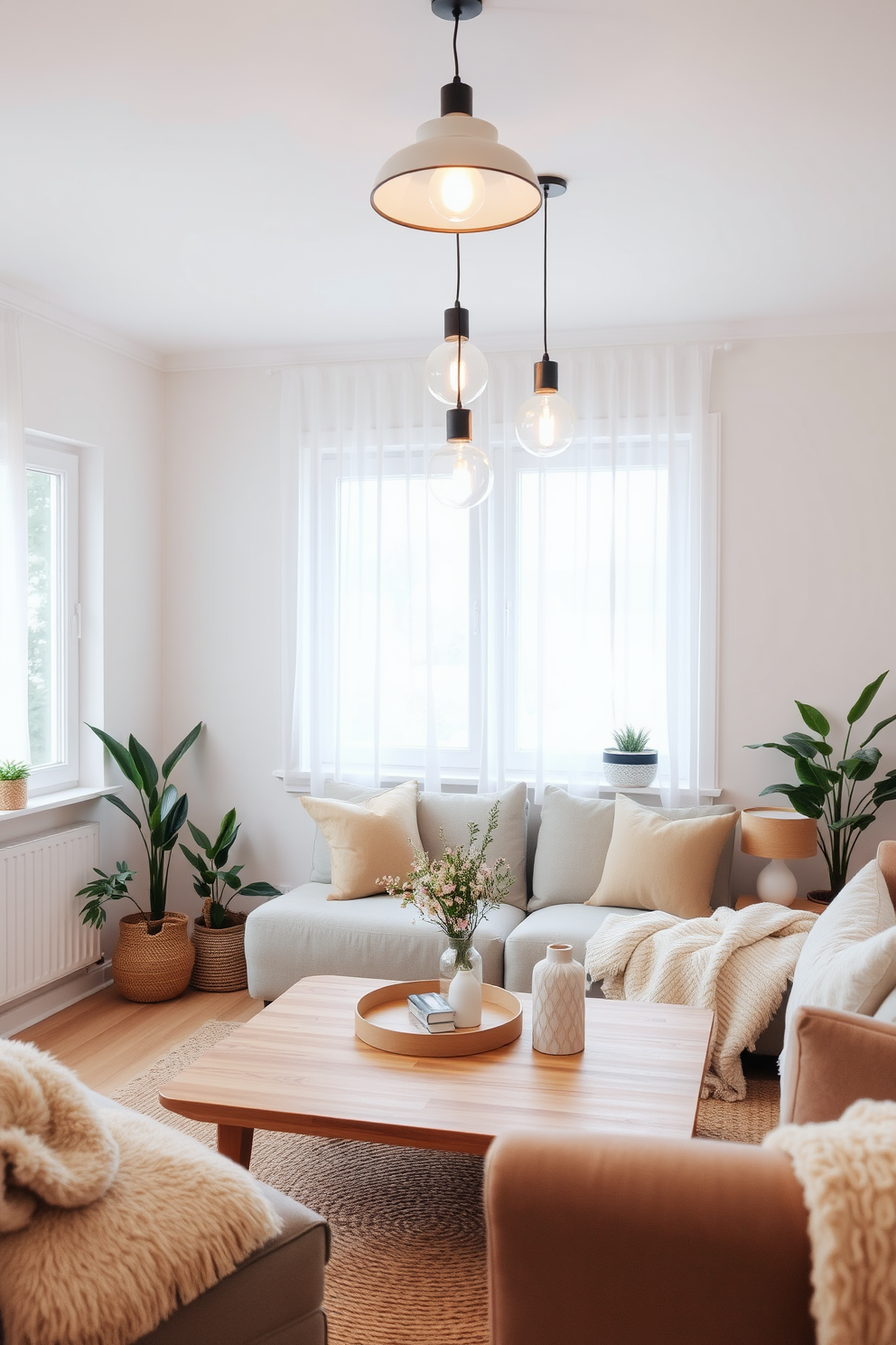 A cozy Scandinavian living room features functional lighting with stylish pendant fixtures hanging above a wooden coffee table. The room is adorned with a soft neutral color palette, complemented by plush textiles and natural elements like potted plants and a woven rug.