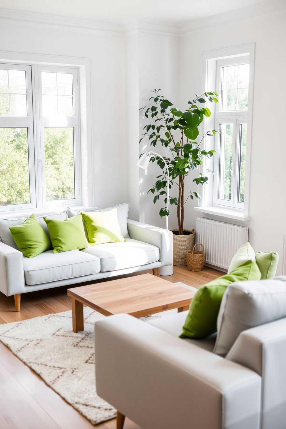 A Scandinavian living room featuring a neutral color palette with pops of green. The space includes a comfortable light gray sofa adorned with vibrant green throw pillows and a sleek wooden coffee table at the center. Large windows allow natural light to flood the room, highlighting the soft white walls and light wood flooring. In one corner, a tall indoor plant adds a refreshing touch, while a cozy area rug ties the seating area together.