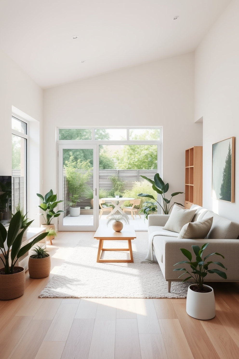 A bright and airy Scandinavian living room seamlessly connects to an outdoor patio through large glass sliding doors. The interior features a neutral color palette with soft textures, including a cozy wool rug and plush cushions on a minimalist sofa. Natural light floods the space, highlighting the clean lines of the furniture and the warmth of light wood accents. Potted plants are strategically placed to enhance the connection to nature, while a simple coffee table anchors the seating area.