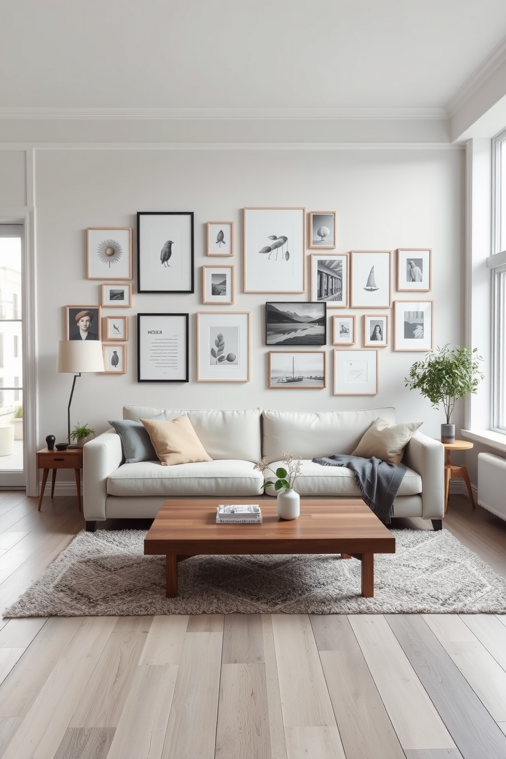 A Scandinavian living room featuring a gallery wall as the focal point. The wall is adorned with a mix of framed art pieces, photographs, and minimalist prints in a cohesive color palette. The furniture includes a light-colored sofa with plush cushions and a wooden coffee table in the center. A soft area rug lies beneath the coffee table, and large windows allow natural light to fill the space.