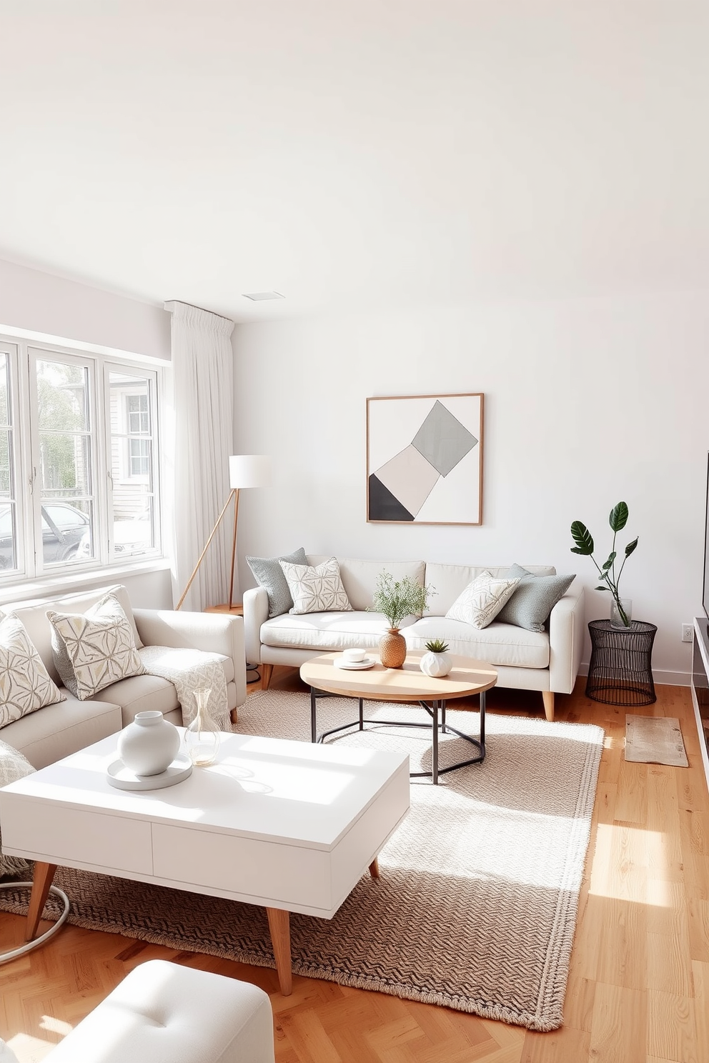 A Scandinavian living room featuring soft neutral tones and natural wood accents. Geometric patterns are incorporated in the throw pillows, area rug, and wall art, creating a cohesive and inviting atmosphere. The furniture includes a comfortable sofa and a minimalist coffee table, both emphasizing clean lines. Large windows allow natural light to flood the space, highlighting the geometric decor elements throughout the room.