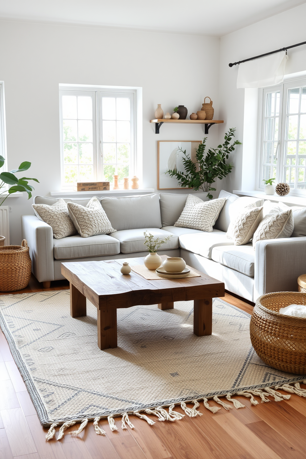 A cozy Scandinavian living room featuring a plush light gray sofa adorned with handmade knitted throw pillows. A rustic wooden coffee table sits at the center, surrounded by woven baskets and a unique handcrafted rug that adds warmth to the space. Natural light floods the room through large windows, highlighting the minimalist decor and soft pastel accents. A collection of artisanal ceramics is displayed on a floating shelf, adding character and a personal touch to the inviting atmosphere.