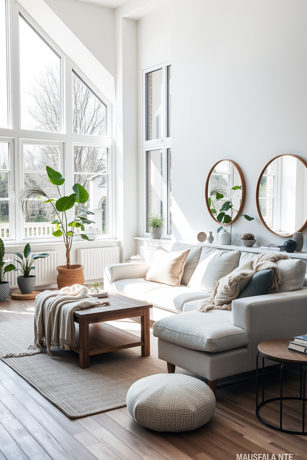 A bright Scandinavian living room featuring large windows that allow natural light to flood the space. The room is adorned with a light-colored sofa and a cozy wool throw blanket, complemented by a wooden coffee table and minimalist decor. Mirrors are strategically placed on the walls to reflect light and create an illusion of a larger space. The color palette consists of soft whites and muted pastels, with greenery from potted plants adding a touch of freshness.