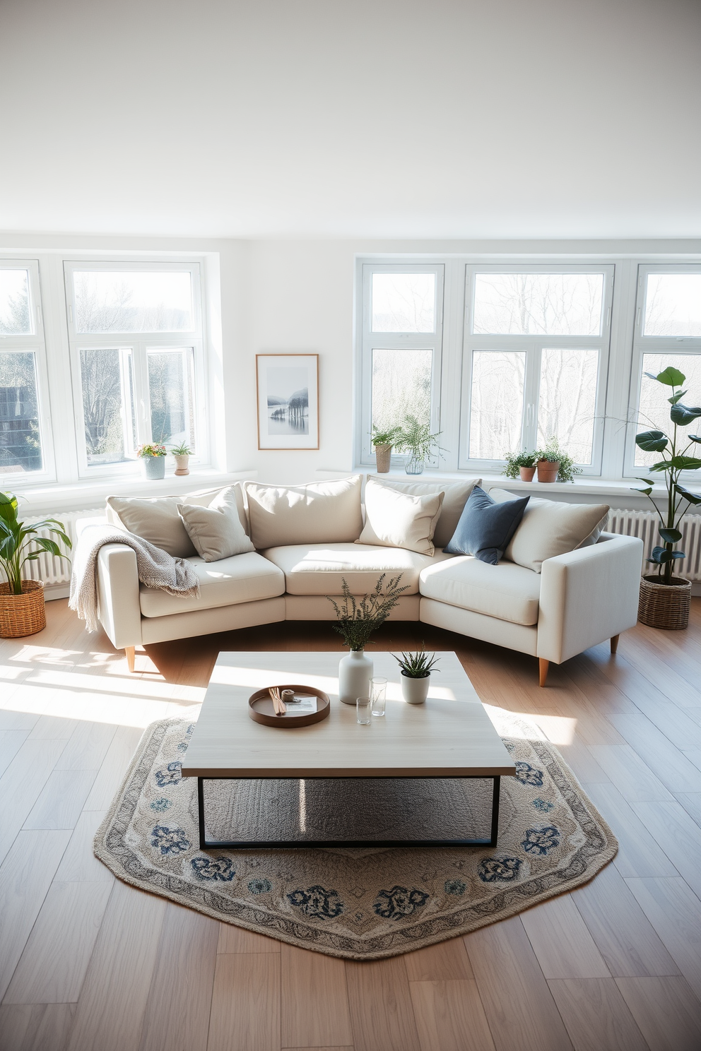 A comfortable sectional sofa is positioned in the center of a bright and airy Scandinavian living room. The sofa is adorned with soft throw pillows in muted tones, complemented by a cozy knitted blanket draped over one arm. Natural light floods the space through large windows, highlighting the light wood flooring. A minimalist coffee table sits in front of the sofa, surrounded by a few indoor plants and a stylish area rug that adds warmth to the room.