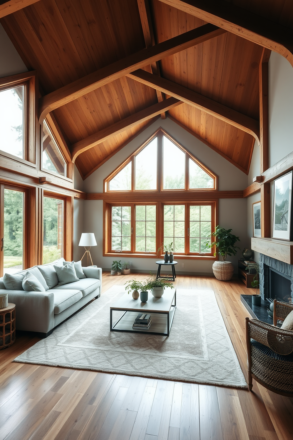 A cozy Scandinavian living room featuring natural wood beams that add rustic charm to the space. The room is adorned with a plush, light-colored sofa and a large area rug with subtle geometric patterns. Large windows allow ample natural light to fill the room, enhancing the warm wood tones. A minimalist coffee table sits in the center, surrounded by soft, textured cushions and a few green plants for a touch of nature.