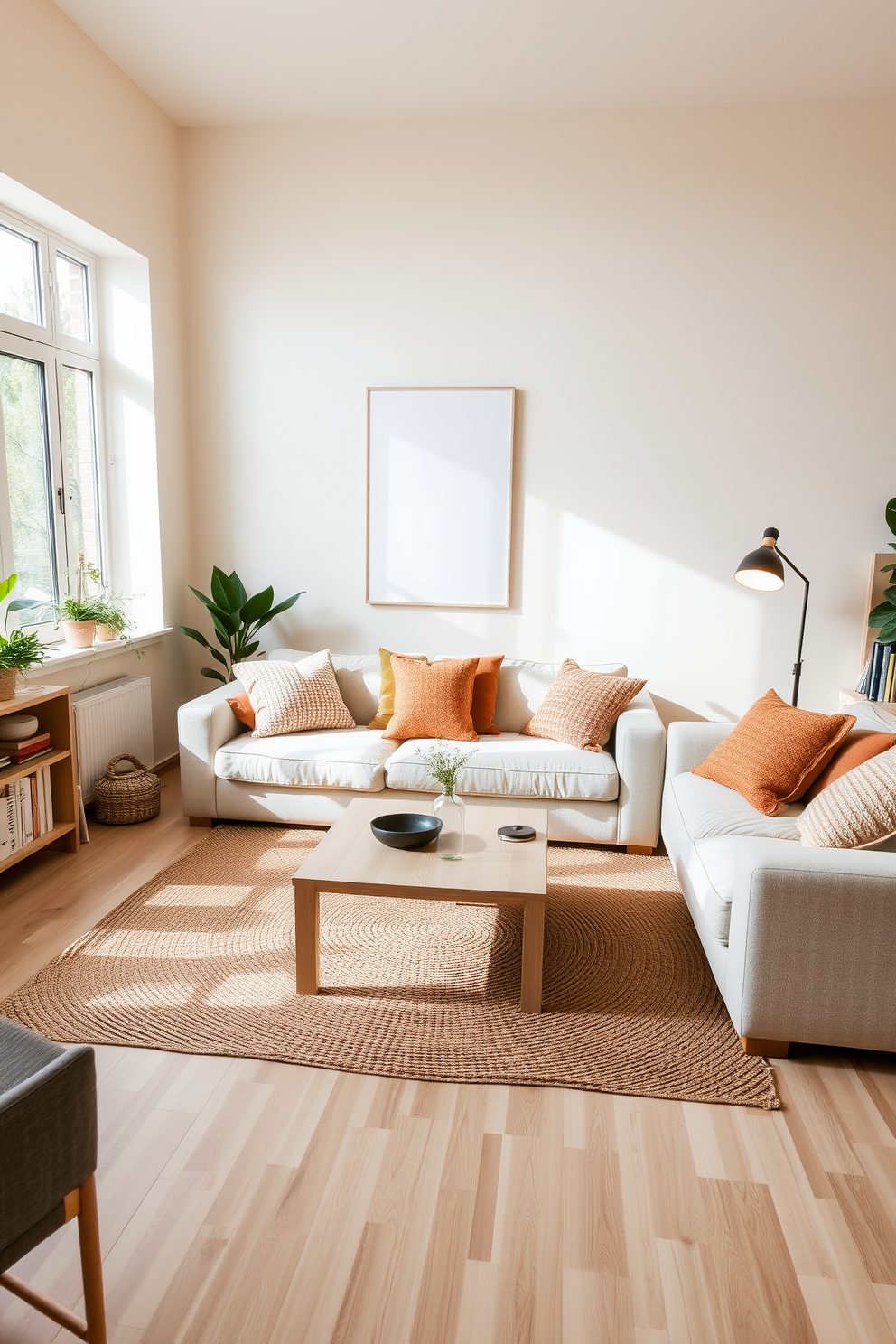 A Scandinavian living room featuring warm earth tones creates a cozy atmosphere. The space includes a plush beige sofa adorned with textured throw pillows and a light wood coffee table at the center. Large windows allow natural light to flood the room, highlighting the soft cream walls. A woven area rug in muted brown tones anchors the seating area, while indoor plants add a touch of greenery. On one side, a minimalist bookshelf showcases a curated selection of books and decorative items. A stylish floor lamp with a warm glow stands next to the sofa, enhancing the inviting ambiance.