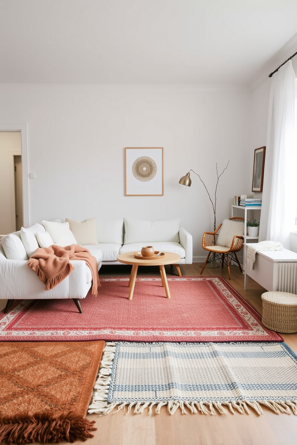 A cozy Scandinavian living room features layered rugs that create warmth and texture underfoot. The space is adorned with a neutral color palette, complemented by a plush sofa and minimalist furniture pieces.